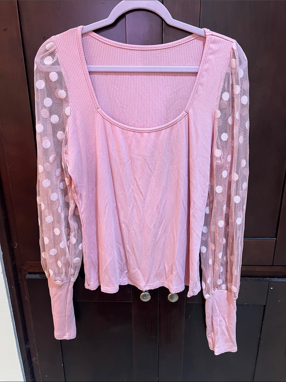 Women’s Scoop Neck Long Sleeve Pink Top with Polka Dot Mesh Sleeves
